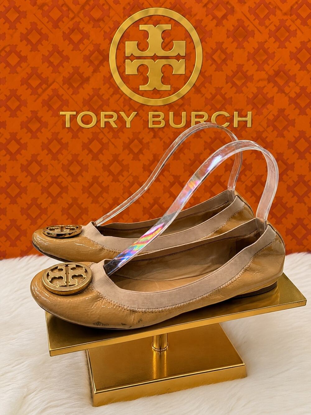 Tory Burch Reva Patent Leather Ballet Flats Tan Beige Sz 7.5M